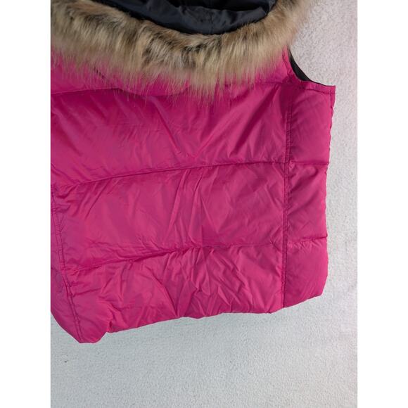 LL Bean Goose Down Vest Pink Womens Medium Removable Hood Fur Trim Zip Pockets - Picture 13 of 16